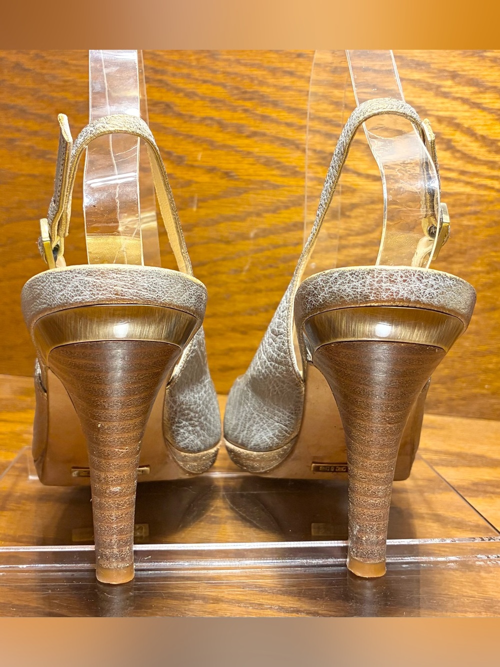 Y2K VTG Cole Haan Nike Air Gold Silver Crackled Leather Peep Toe Slingback Heels - Picture 2 of 14